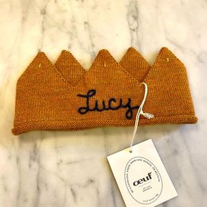 Oeuf brand knit crown with “Lucy” embroidered size 3-6y